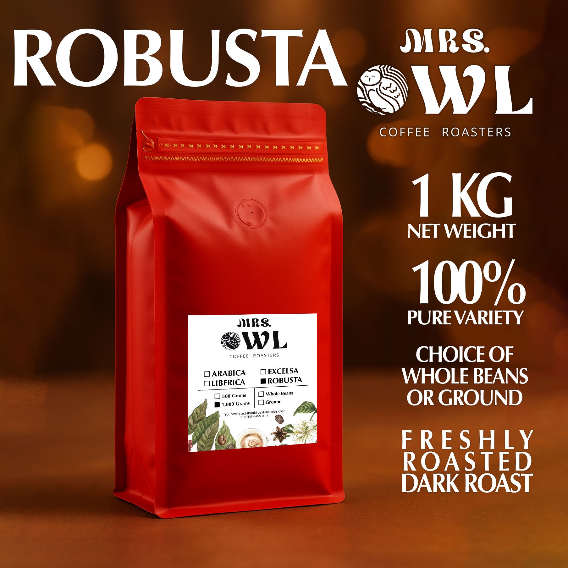 Robusta Dark Roast Coffee | Smooth & Rich | Mrs. Owl Coffee
