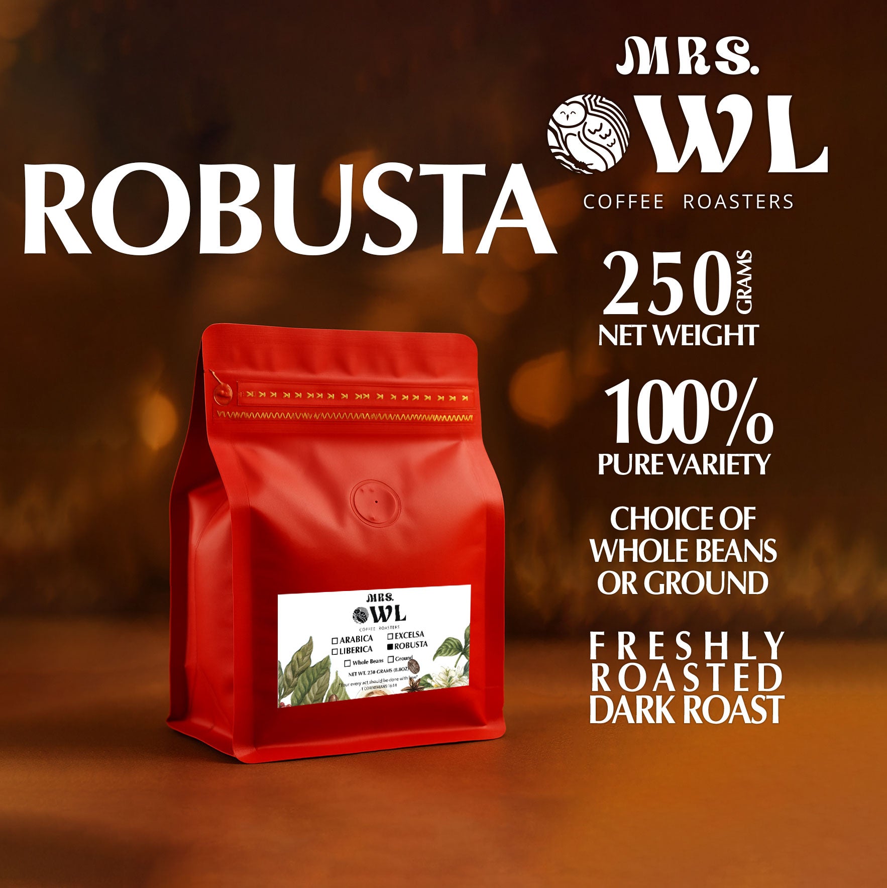 Robusta Dark Roast Coffee | Smooth & Rich | Mrs. Owl Coffee