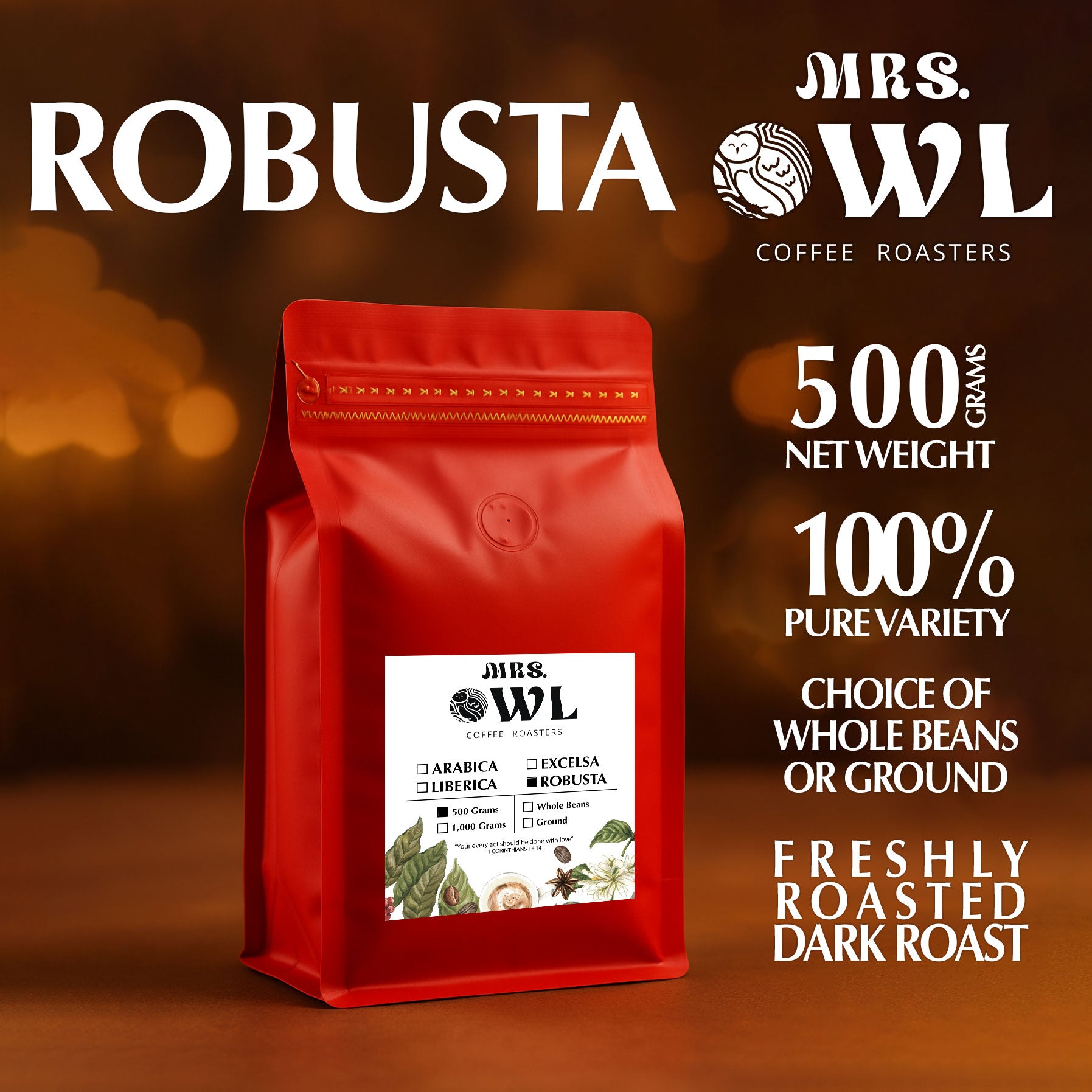 Robusta Dark Roast Coffee | Smooth & Rich | Mrs. Owl Coffee